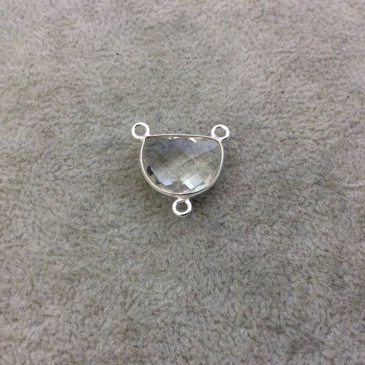 Sterling Silver Faceted Half Moon Shaped Clear/Transparent Hydro (Man-made) Quartz Bezel Pendant - Measuring 16mm x 12mm - Sold Individually