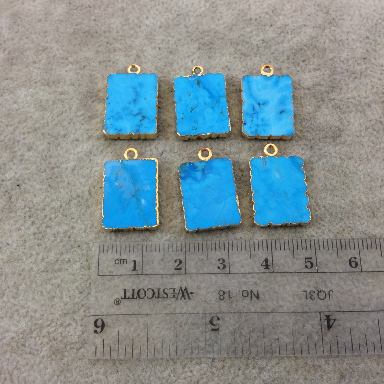 Small Gold Plated Dyed Turquoise Howlite Scalloped Rectangle Shaped Pendants - Measuring 13mm x 17mm, Approx. - Individual, Random
