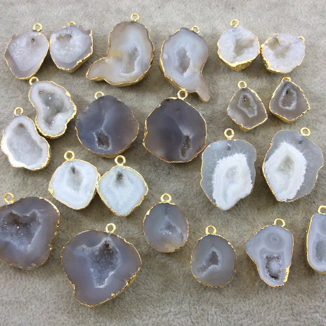 Pair of OOAK Gold Electroplated Natural Druzy Agate Geode Half Freeform Shaped Pendants - Measuring 30mm x 32mm - Unique, As Pictured