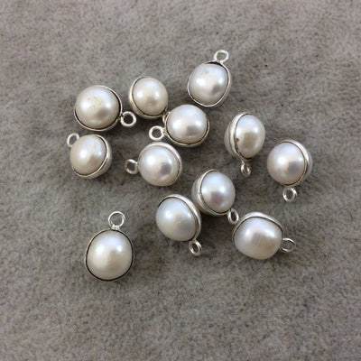Silver Plated Smooth Natural White Freshwater Pearl 3D Round Shaped Bezel Pendant - Measuring 10-11mm - Sold Individually, Randomly