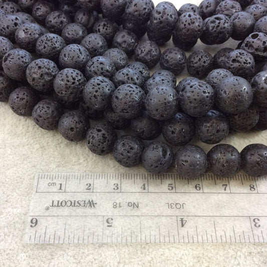 12mm Waxed Natural Jet Black Lava Rock Round/Ball Shaped Beads with 1mm Holes - Sold by 15.5" Strands (Approx. 33 Beads Per Strand)