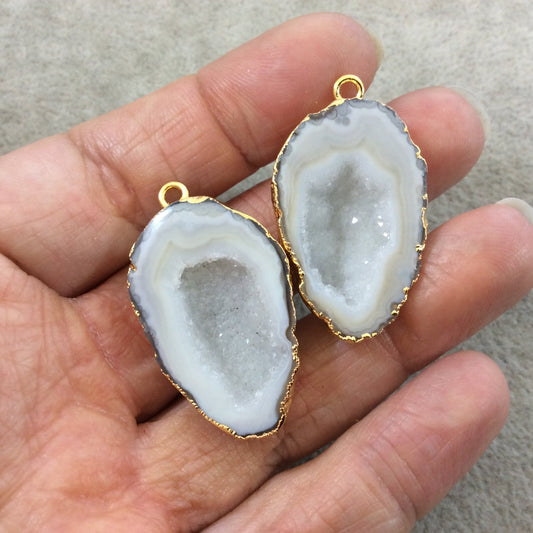 Pair of OOAK Gold Electroplated Natural Druzy Agate Geode Half Freeform Shaped Pendants - Measuring 22mm x 33mm - Unique, As Pictured