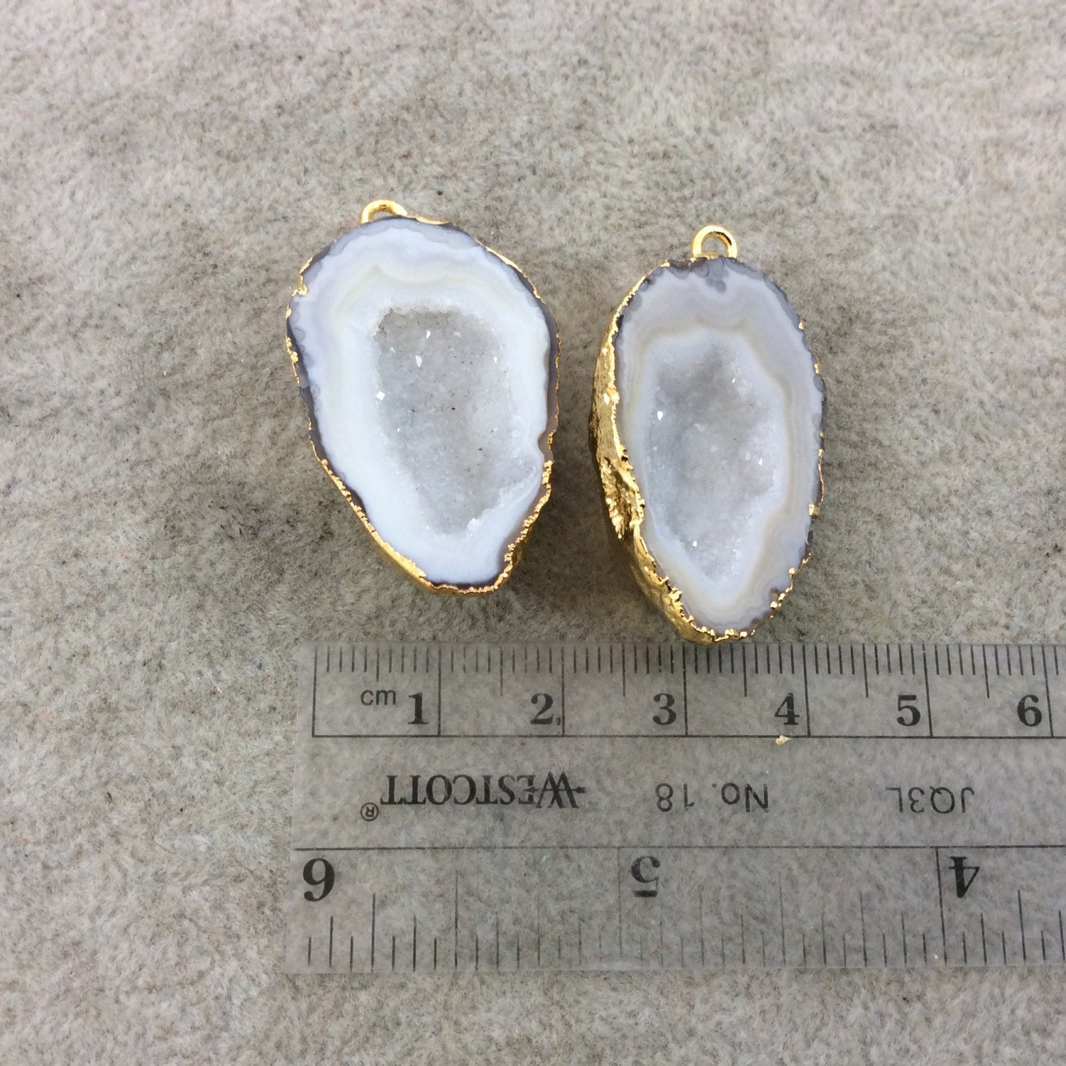 Pair of OOAK Gold Electroplated Natural Druzy Agate Geode Half Freeform Shaped Pendants - Measuring 22mm x 33mm - Unique, As Pictured