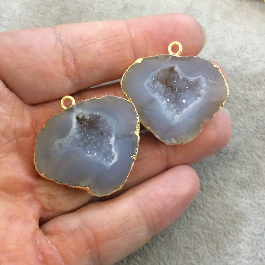 Pair of OOAK Gold Electroplated Natural Druzy Agate Geode Half Freeform Shaped Pendants - Measuring 27mm x 28mm - Unique, As Pictured