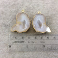 Pair of OOAK Gold Electroplated Natural Druzy Agate Geode Half Freeform Shaped Pendants - Measuring 30mm x 32mm - Unique, As Pictured