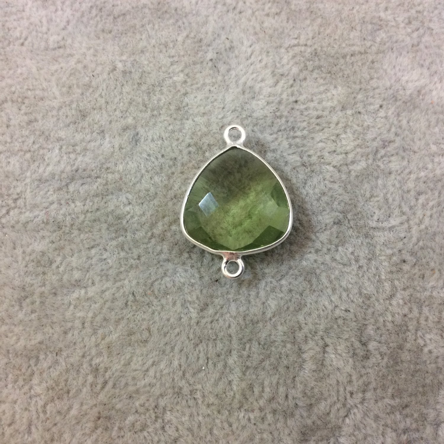 Sterling Silver Faceted Trillion Shaped Light Green Hydro (Man-made) Quartz Bezel Connector - Measuring 16mm x 16mm - Sold Individually