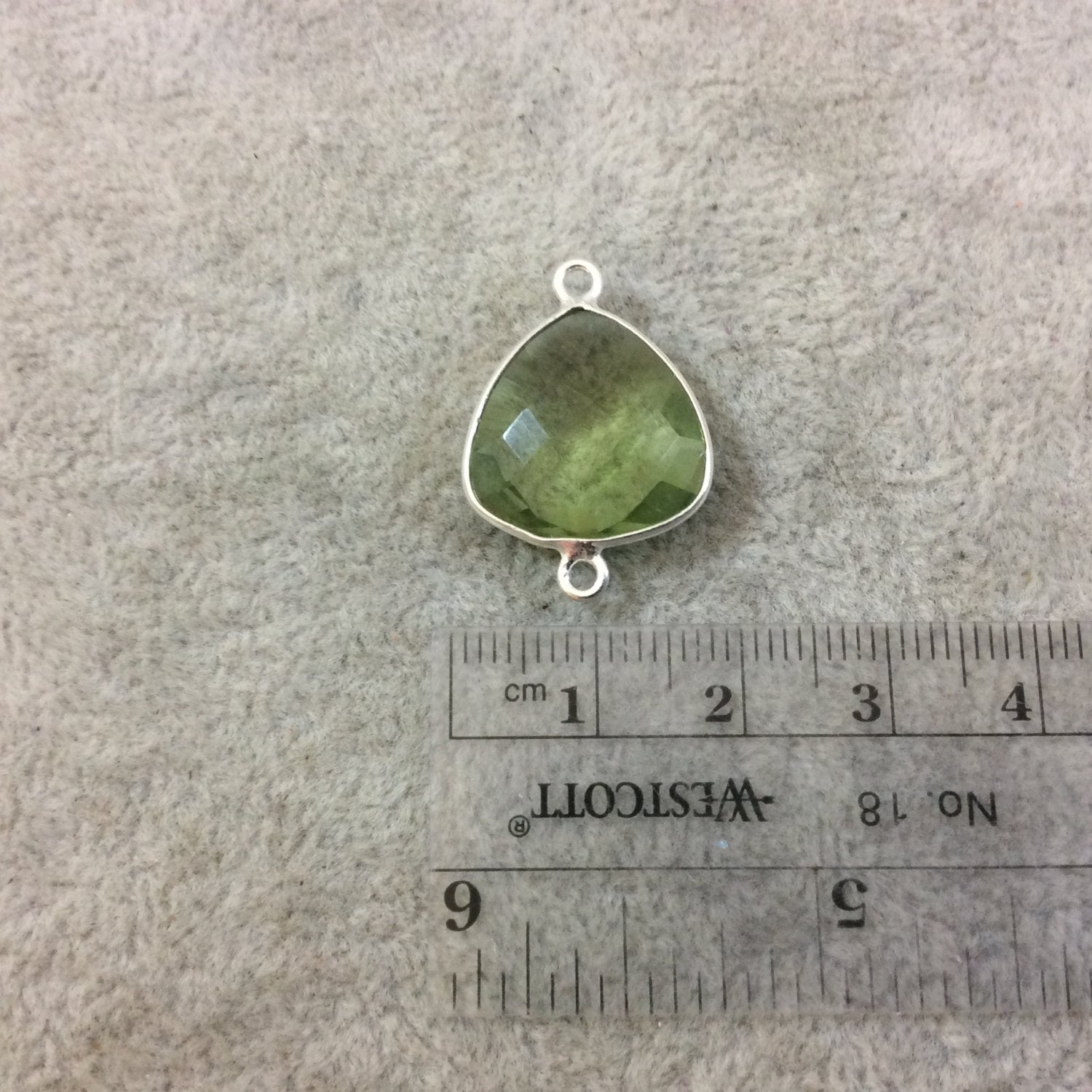 Sterling Silver Faceted Trillion Shaped Light Green Hydro (Man-made) Quartz Bezel Connector - Measuring 16mm x 16mm - Sold Individually