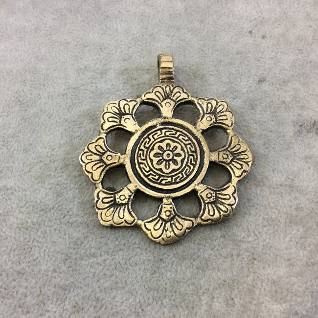 2.25" Heavy Oxidized Brass Detailed Flower Medallion Shaped Pendant with Attached Bail  - Measuring 60mm x 60mm, Approx. - Sold Individually
