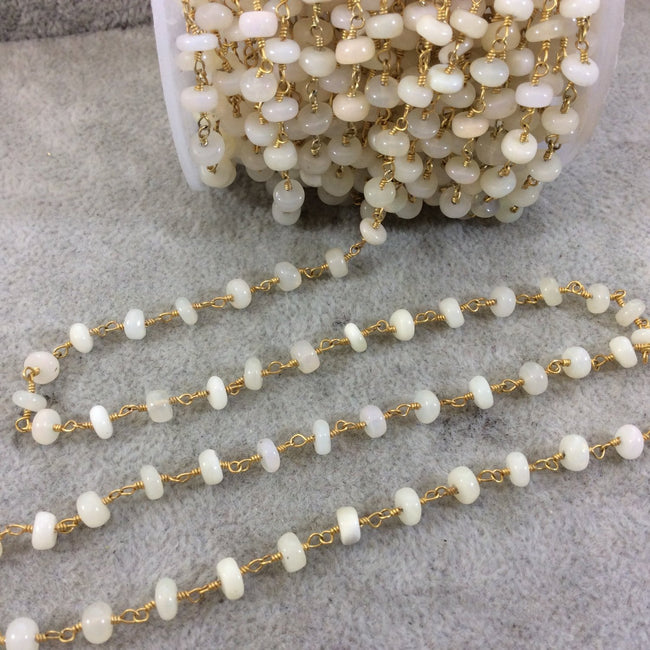 Gold Plated Copper Wrapped Rosary Chain with 5mm Smooth Genuine Light/White Opal Rondelle Beads - Sold by 1' Cut Sections or in Bulk!