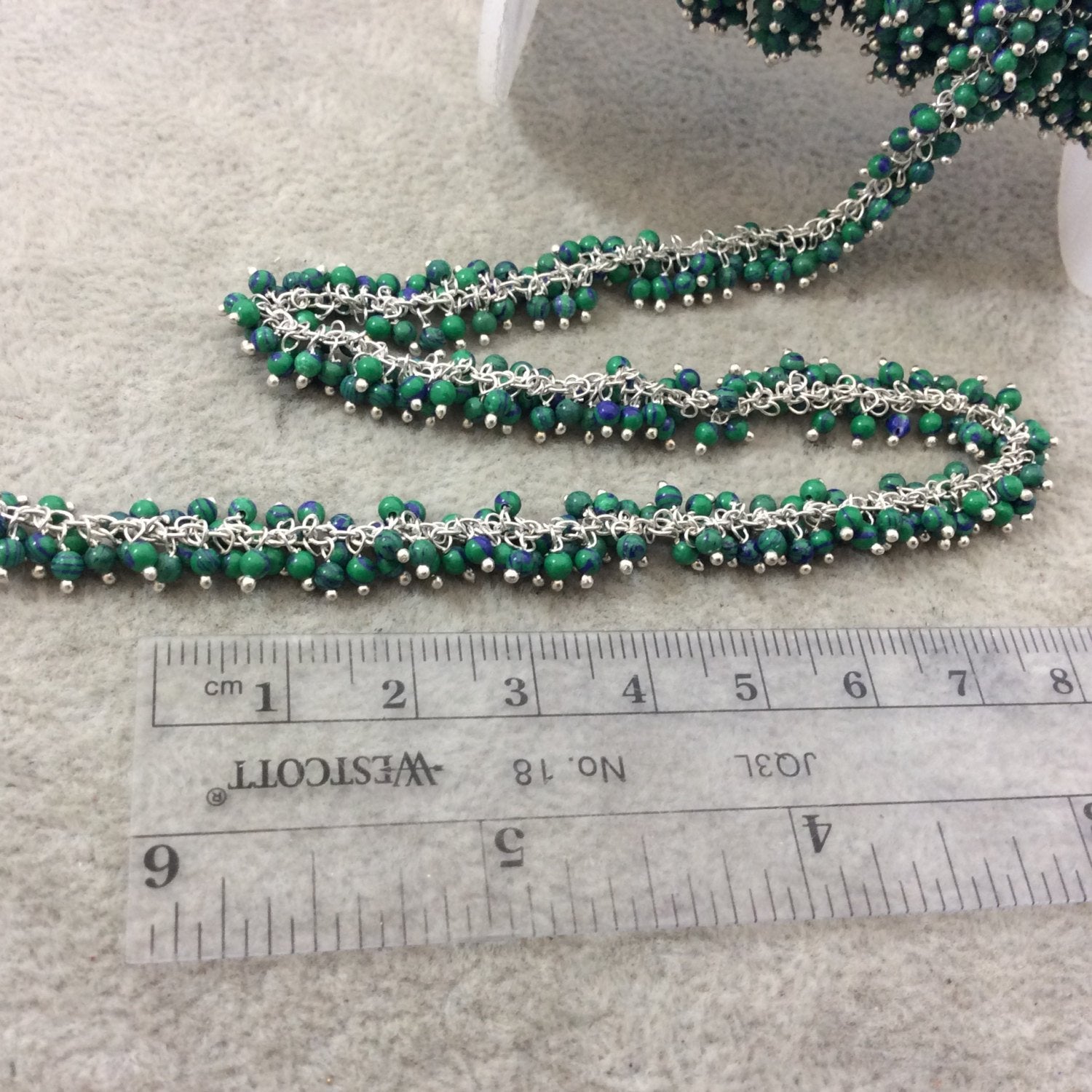 Silver Plated Copper Double Dangle Cable Rosary Chain with 2mm Synthetic Malachite/Azurite Round Beads - Sold by 1' Cut Sections or in Bulk!