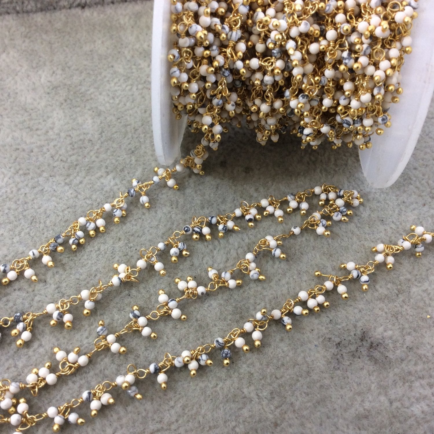 Gold Plated Copper Double Dangle Wrapped Rosary Chain with 2mm Natural White/Gray Howlite Round Beads - Sold by 1' Cut Sections or in Bulk!