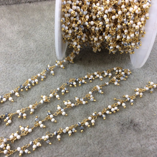 Gold Plated Copper Double Dangle Wrapped Rosary Chain with 2mm Natural White/Gray Howlite Round Beads - Sold by 1' Cut Sections or in Bulk!