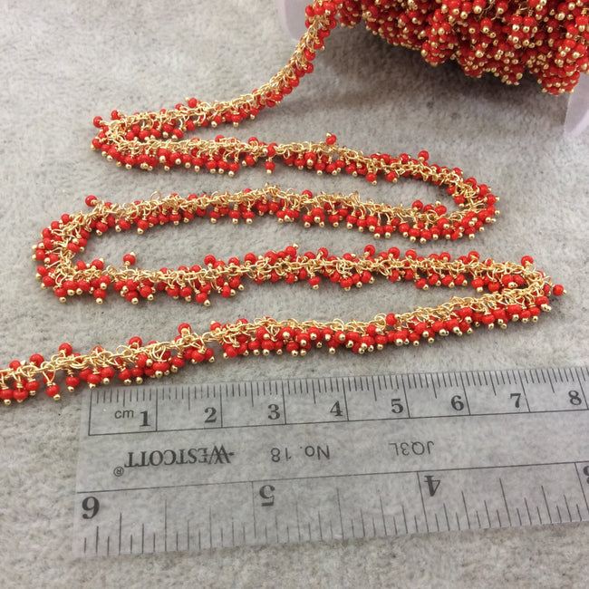 Gold Plated Copper Double Dangle Rosary Chain with 2mm Smooth Natural Red Coral Rondelle Beads - Sold by 1' Cut Sections or in Bulk!