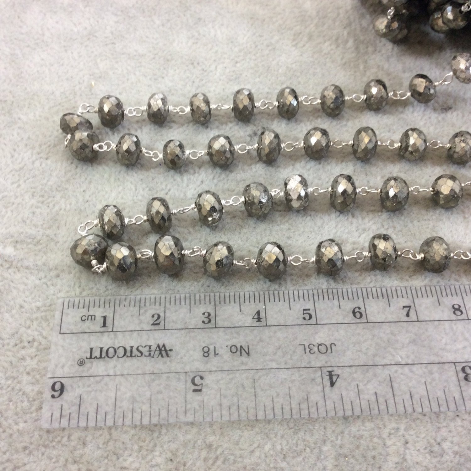 Silver Plated Copper Wrapped Rosary Chain with 7-8mm Faceted Natural Gray/Gold Pyrite Rondelle Beads ((CH352-SV) - Sold by 1' Cut Sections!