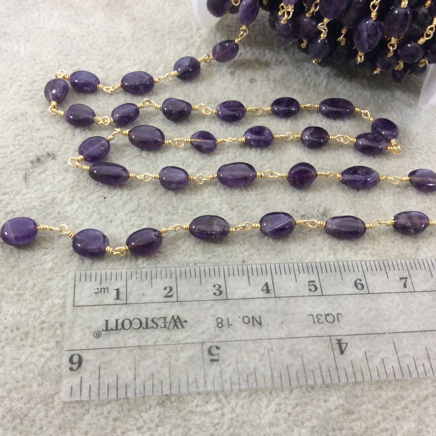 Gold Plated Copper Wrapped Rosary Chain with 6-9mm Smooth Natural Amethyst Oval Nugget Shaped Beads (CH329-GD) - Sold by 1' Cut Sections!