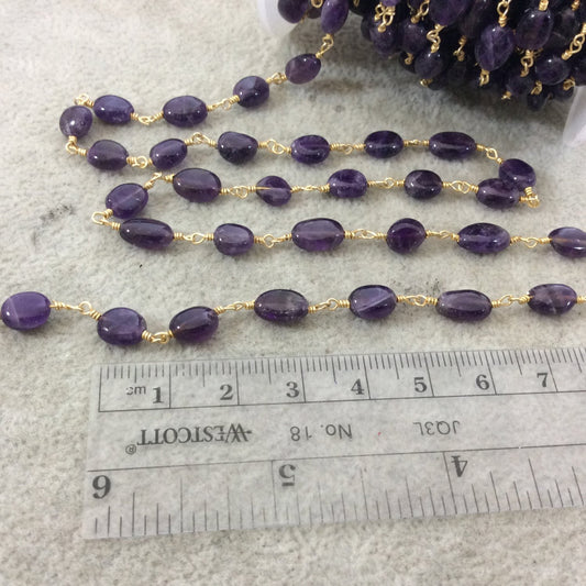 Gold Plated Copper Wrapped Rosary Chain with 6-9mm Smooth Natural Amethyst Oval Nugget Shaped Beads (CH329-GD) - Sold by 1' Cut Sections!