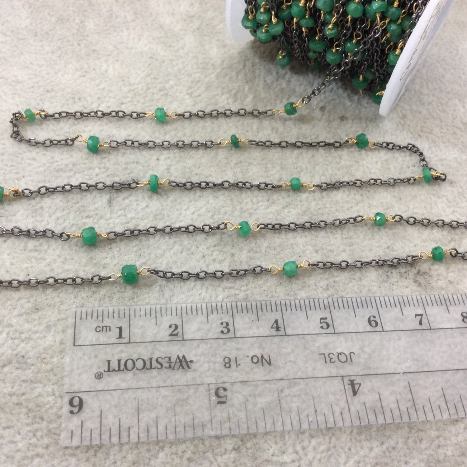 Gunmetal Plated Copper Spaced Rosary Chain W 3-4mm Faceted Natural Emerald Rondelle Shaped Beads (CH121-GM) - Sold by 1' Cut Sections!