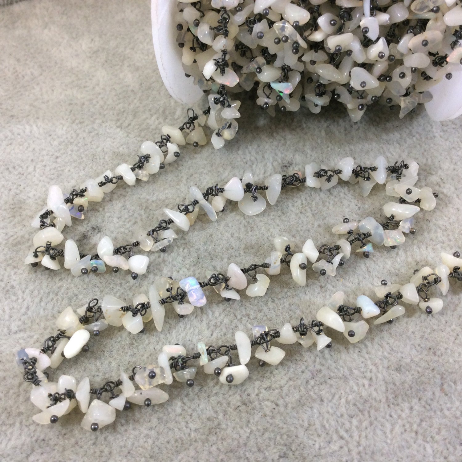 Gunmetal Plated Copper Double Dangle Rosary Chain with 2-6mm Smooth Genuine Ethiopian Opal Chip Beads - Sold by 1' Cut Sections or in Bulk!