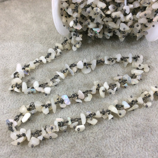 Gunmetal Plated Copper Double Dangle Rosary Chain with 2-6mm Smooth Genuine Ethiopian Opal Chip Beads - Sold by 1' Cut Sections or in Bulk!