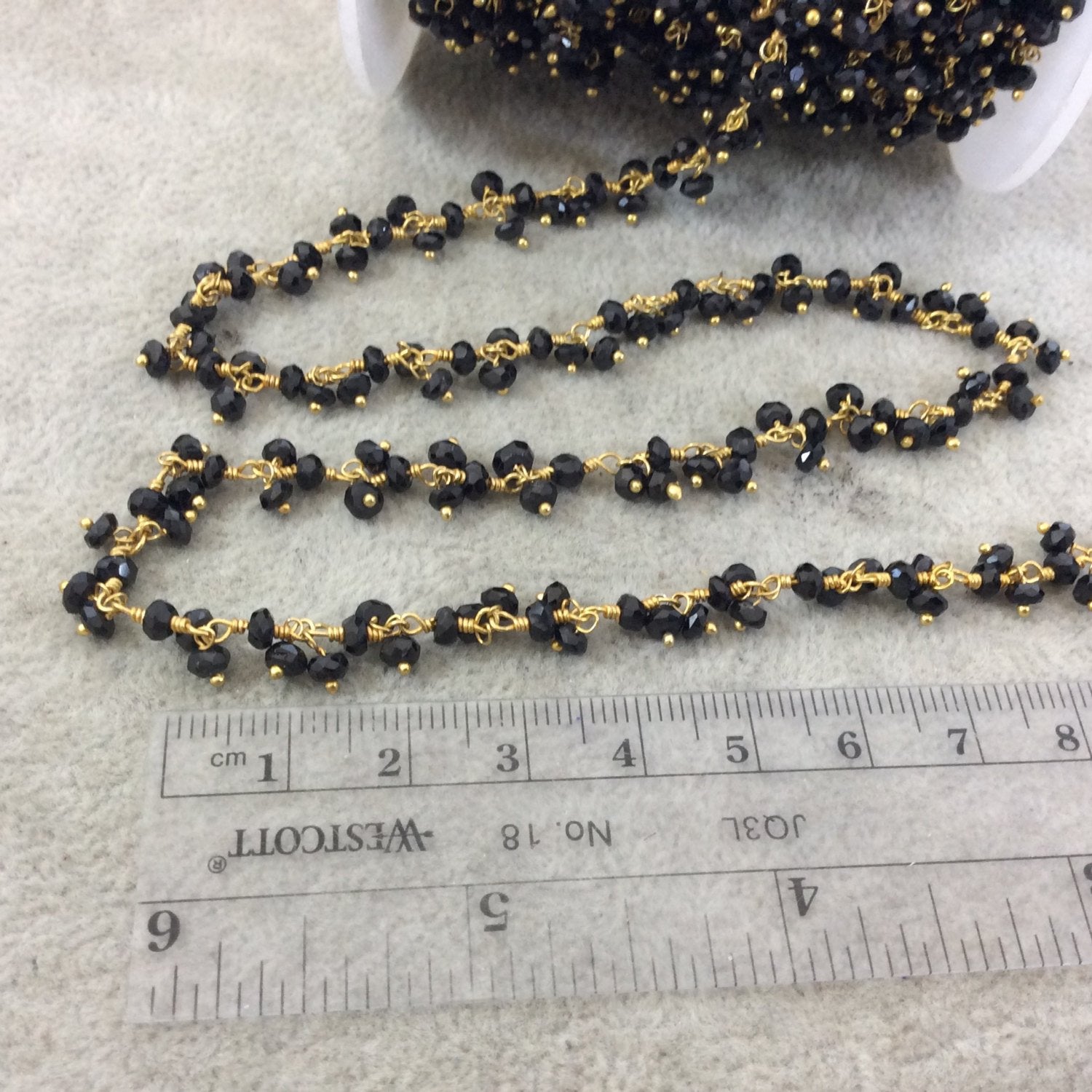 Gold Plated Copper Double Dangle Rosary Chain with 3-4mm Faceted Natural Black Spinel Rondelle Beads - Sold by 1' Cut Sections or in Bulk!