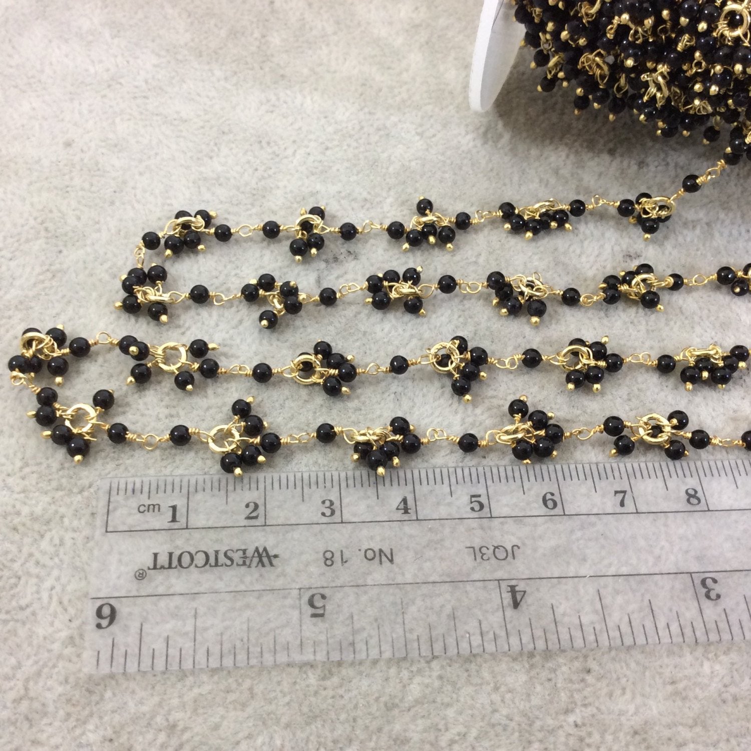 Gold Plated Copper Double Dangle Rosary Chain with 2.5mm Smooth Natural Black Agate Round Shaped Beads - Sold by 1' Cut Sections or in Bulk!