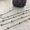 Gunmetal Plated Copper Spaced Rosary Chain with 3-4mm Faceted Natural Sapphire Rondelle Shaped Beads (CH130-GM) - Sold by 1' Cut Sections!