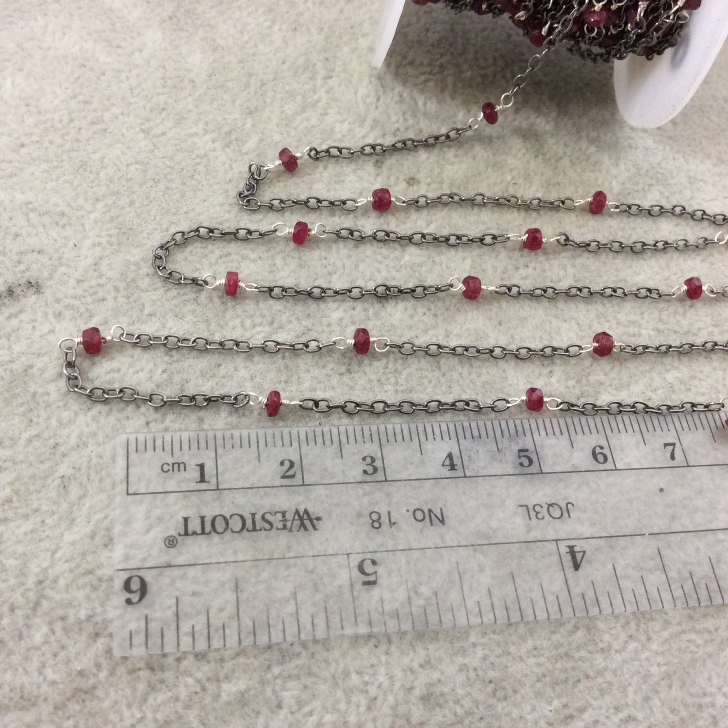 Gunmetal Plated Copper Spaced Rosary Chain with 3-4mm Faceted Natural Enhanced Ruby Rondelle Beads (CH112-GM) - Sold by 1' Cut Sections!
