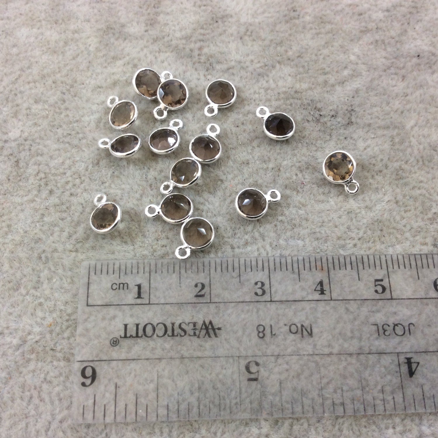 BULK LOT - Pack of Six (6) Sterling Silver Pointed/Cut Stone Faceted Round/Coin Shaped Smoky Quartz Bezel Pendants - Measuring 5mm x 5mm