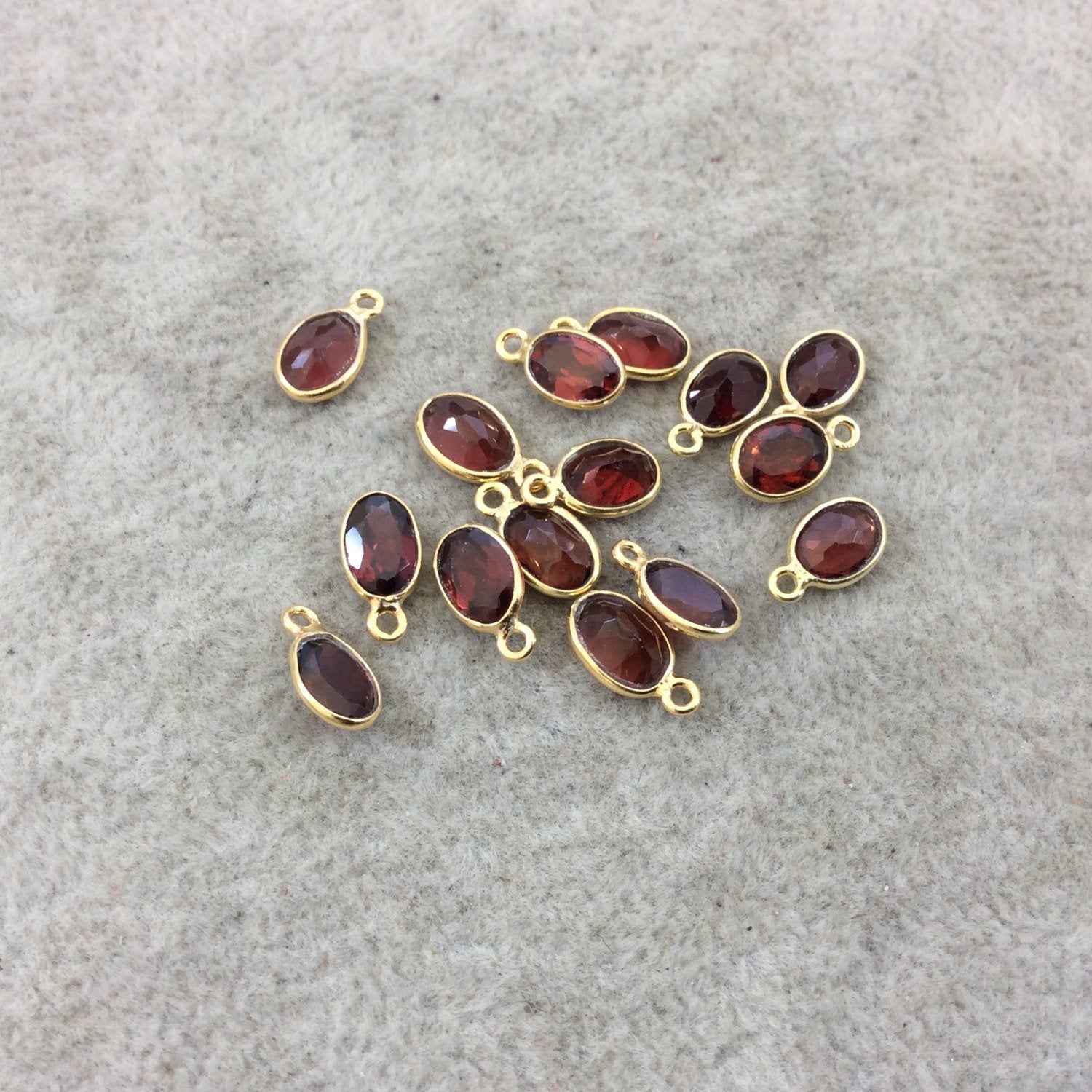 BULK LOT - Pack of Six (6) Gold Vermeil Pointed/Cut Stone Faceted Oblong Oval Shaped Deep Red Garnet Bezel Pendants - Measuring 5mm x 7mm