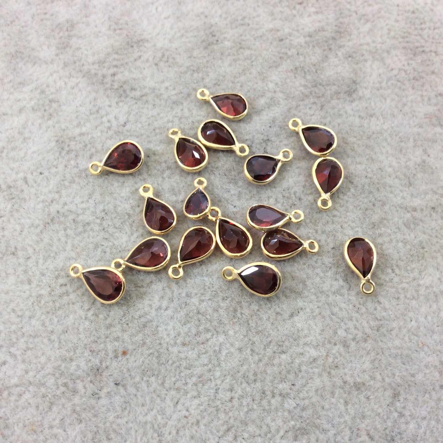 BULK LOT - Pack of Six (6) Gold Vermeil Pointed/Cut Stone Faceted Teardrop Shaped Deep Red Garnet Bezel Pendants - Measuring 5mm x 7mm
