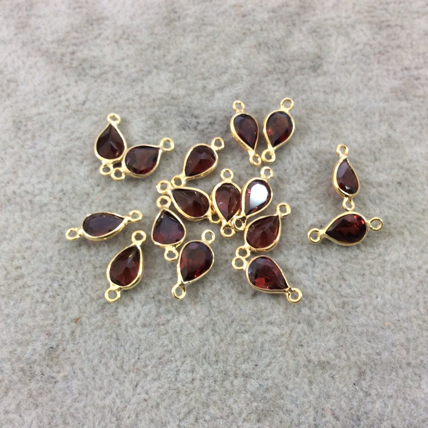 BULK LOT - Pack of Six (6) Gold Vermeil Pointed/Cut Stone Faceted Teardrop Shaped Deep Red Garnet Bezel Connectors - Measuring 5mm x 7mm