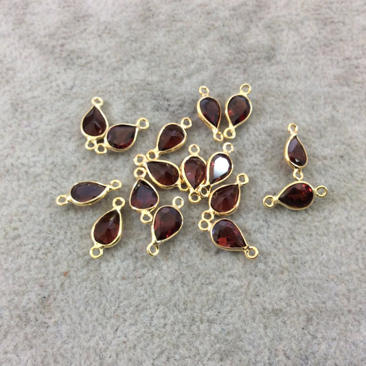 BULK LOT - Pack of Six (6) Gold Vermeil Pointed/Cut Stone Faceted Teardrop Shaped Deep Red Garnet Bezel Connectors - Measuring 5mm x 7mm