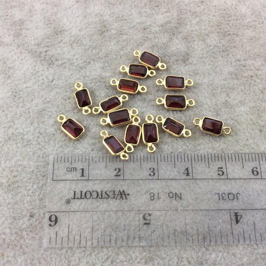 BULK LOT - Pack of Six (6) Gold Vermeil Pointed/Cut Stone Faceted Rectangle Shaped Deep Red Garnet Bezel Connectors - Measuring 4mm x 6mm