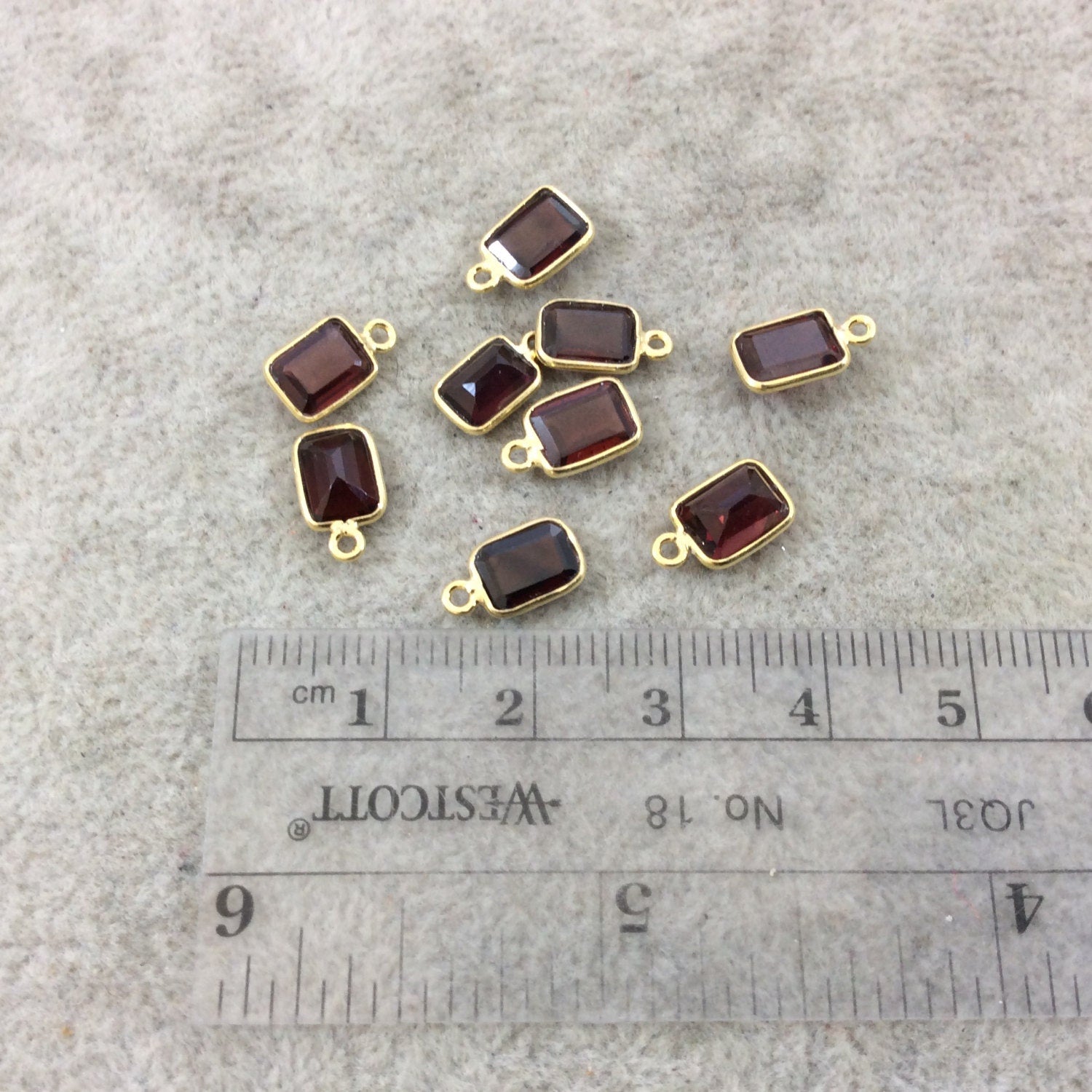 BULK LOT - Pack of Six (6) Gold Vermeil Pointed/Cut Stone Faceted Rectangle Shaped Deep Red Garnet Bezel Pendants - Measuring 5mm x 7mm