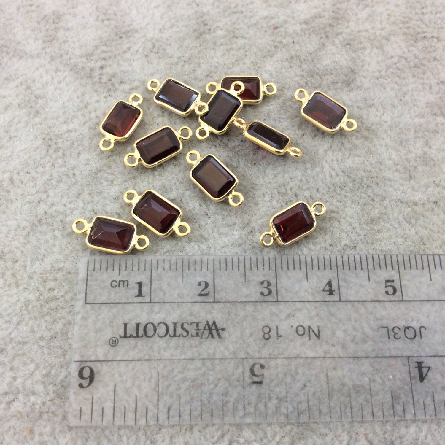 BULK LOT - Pack of Six (6) Gold Vermeil Pointed/Cut Stone Faceted Rectangle Shaped Deep Red Garnet Bezel Connectors - Measuring 5mm x 7mm