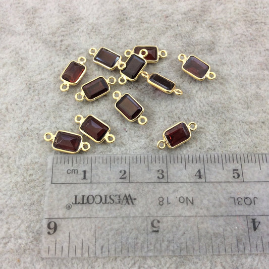 BULK LOT - Pack of Six (6) Gold Vermeil Pointed/Cut Stone Faceted Rectangle Shaped Deep Red Garnet Bezel Connectors - Measuring 5mm x 7mm