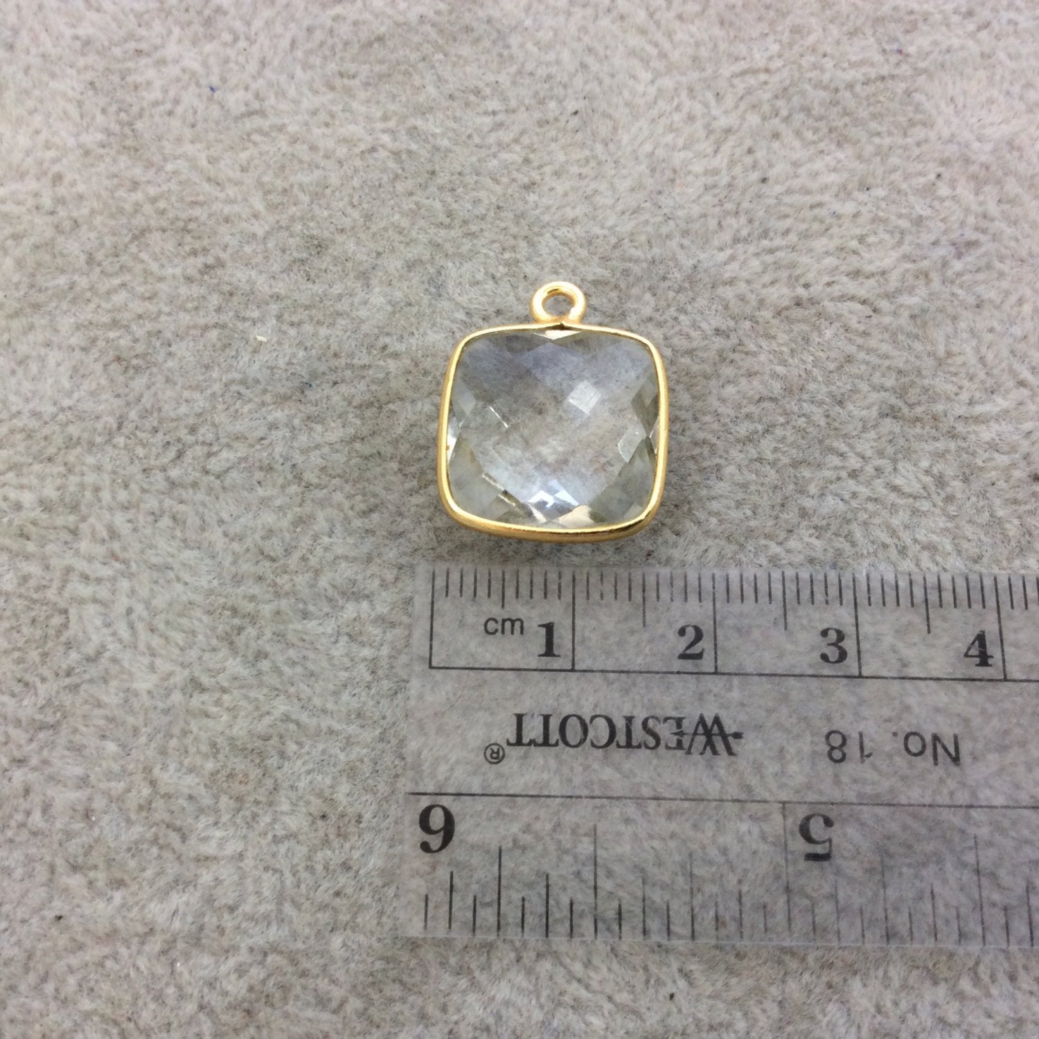 Gold Vermeil Faceted Clear Hydro (Lab Created) Quartz Square Shaped Bezel Pendant - Measuring 15mm x 15mm - Sold Individually
