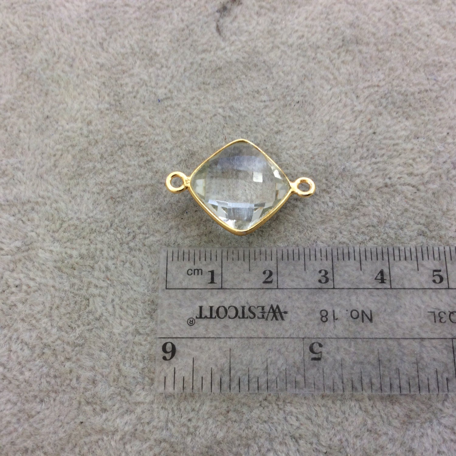 Gold Vermeil Faceted Clear Hydro (Lab Created) Quartz Diamond Shaped Bezel Connector - Measuring 15mm x 15mm - Sold Individually