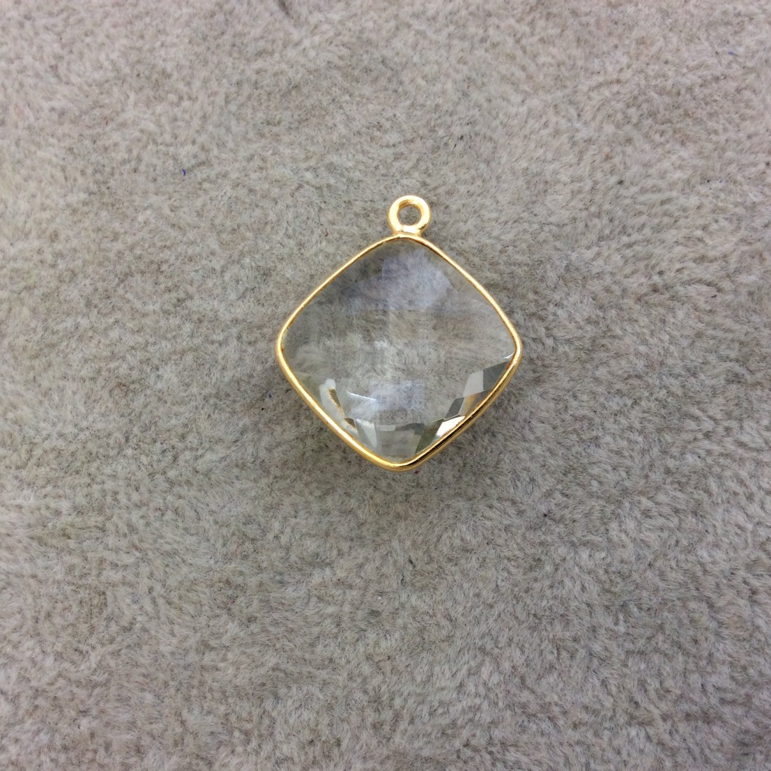Gold Vermeil Faceted Clear Hydro (Lab Created) Quartz Diamond Shaped Bezel Pendant - Measuring 18mm x 18mm - Sold Individually