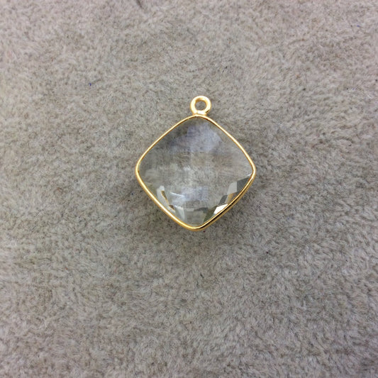 Gold Vermeil Faceted Clear Hydro (Lab Created) Quartz Diamond Shaped Bezel Pendant - Measuring 18mm x 18mm - Sold Individually