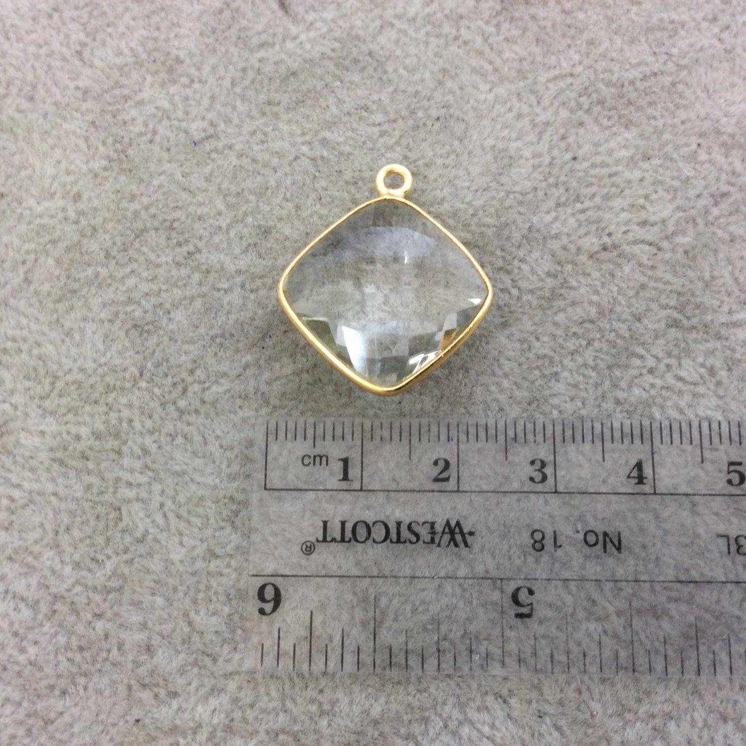 Gold Vermeil Faceted Clear Hydro (Lab Created) Quartz Diamond Shaped Bezel Pendant - Measuring 18mm x 18mm - Sold Individually