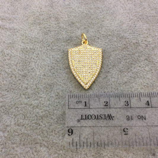 Gold Plated CZ Cubic Zirconia Inlaid Shield Shaped Copper Pendant - Measuring 18mm x 25mm  - Available in Four Colors, See Related!