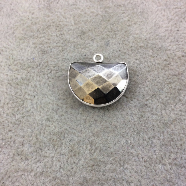 Sterling Silver Faceted Half Moon Shaped Natural Pyrite Bezel Pendant Component - Measuring 20mm x 15mm - Sold Individually, Random