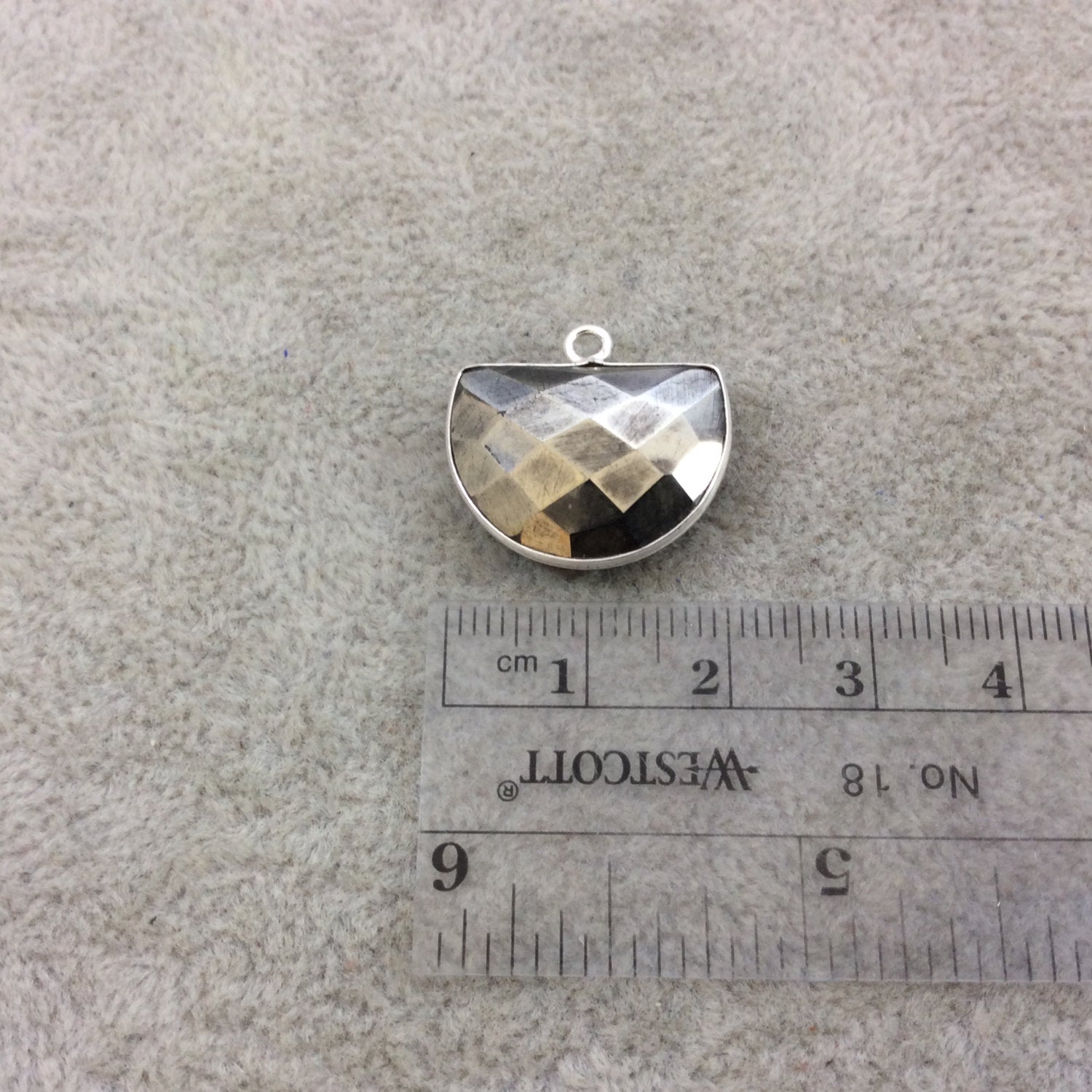 Sterling Silver Faceted Half Moon Shaped Natural Pyrite Bezel Pendant Component - Measuring 20mm x 15mm - Sold Individually, Random