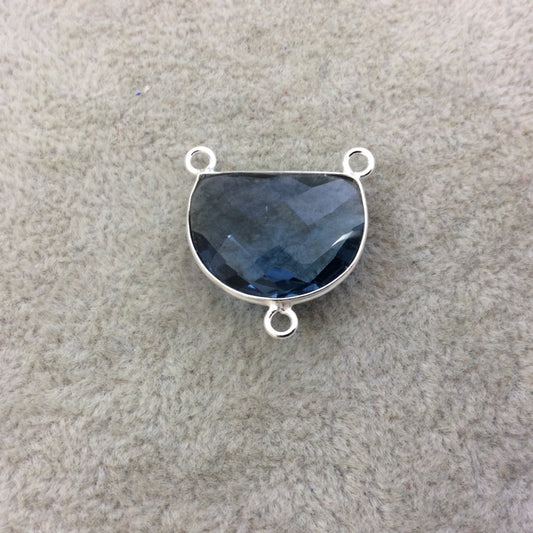 Smoky Blue Hydro Quartz Bezel | Sterling Silver Faceted Half Moon Shaped (Man made) Pendant Connector- Measuring 20mm x 15mm