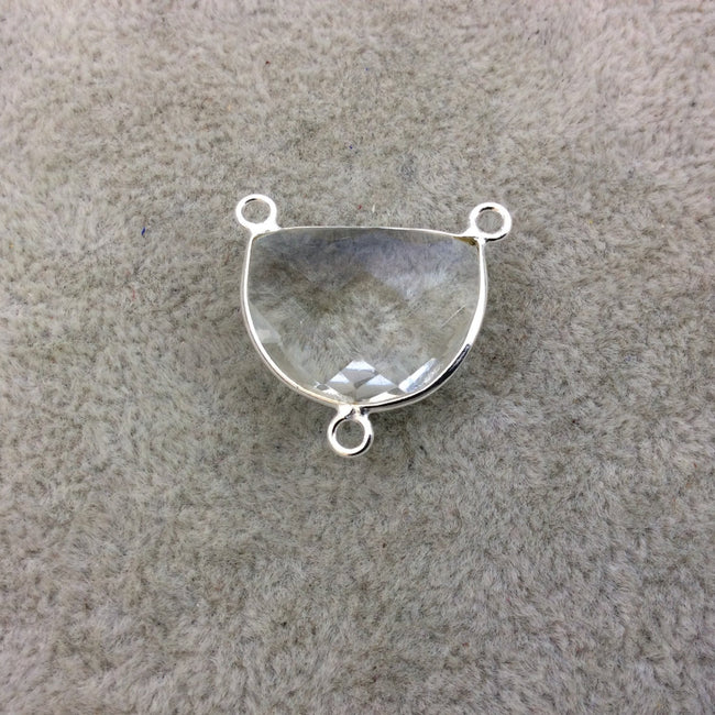 Hydro Quartz Bezel | Sterling Silver Faceted Half Moon Shaped Clear Transparent (Man made) Pendant Connector- Measuring 20mm x 15mm