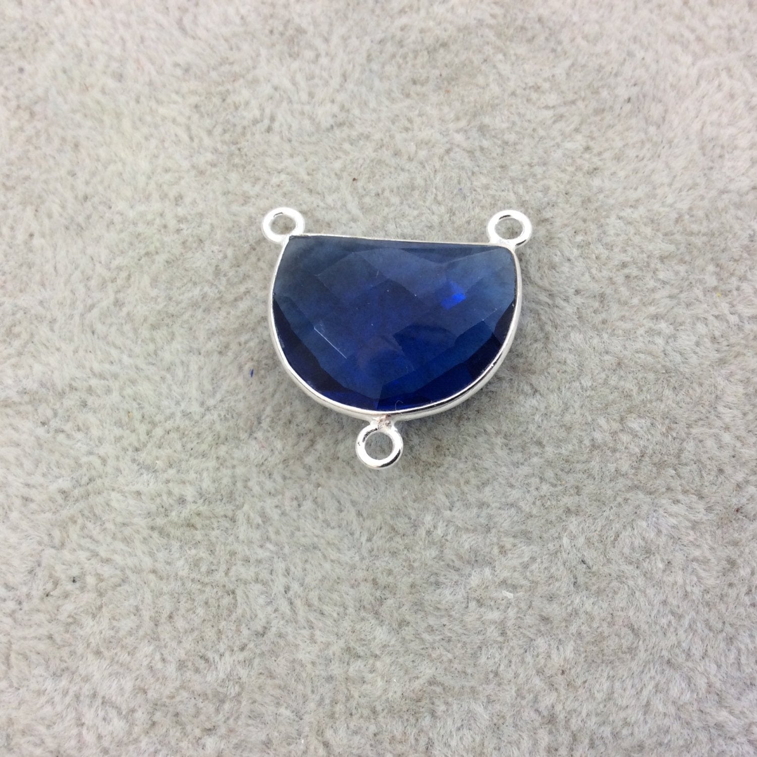 Sterling Silver Faceted Half Moon Shaped Blue Hydro (Man-made) Quartz Bezel Pendant - Measuring 20mm x 15mm - Sold Individually