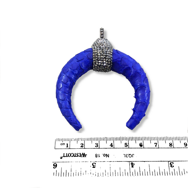 Pave Rhinestone Encrusted Cobalt Blue Leather Crescent Pendant with Gray Rhinestones and Clip Bail - Measuring 67mm x 70mm, Approx.