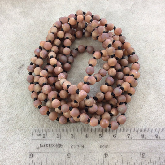 72" Hand-Knotted Black Thread Necklace Featuring 6mm Matte Finish Druzy Round/Ball Shaped Peach/Orange Agate Beads - LIMITED STOCK