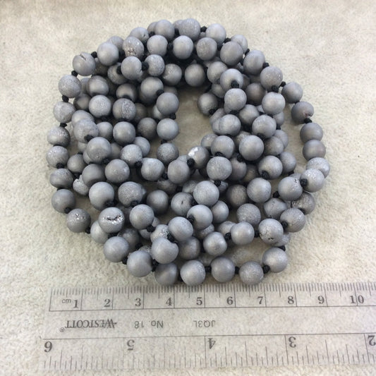 72" Hand-Knotted Black Thread Necklace Featuring 8mm Matte Finish Druzy Round/Ball Shaped Metallic Silver Agate Beads - LIMITED STOCK